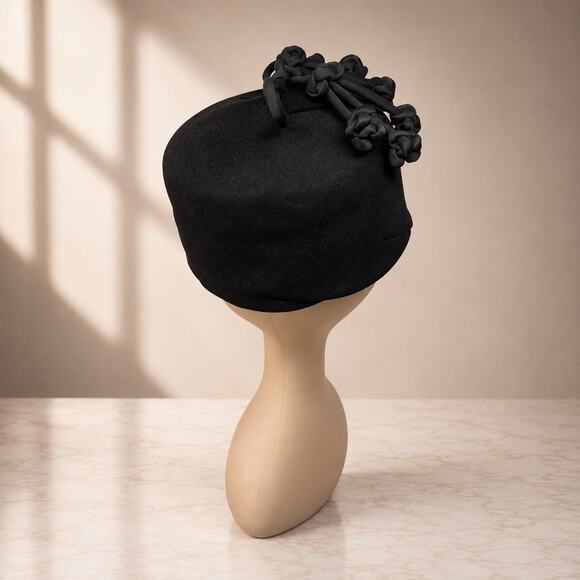 Vintage French Black Cocktail Hat 1950s Toque Tassel Pearl Paris main image 7